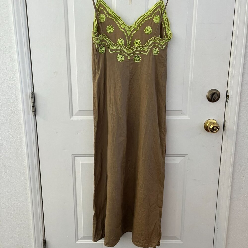 Zara Woman's 100% Linen Brown Embroider Flowers Eyelets Summer Maxi Dress Sz med - Picture 6 of 9